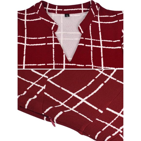 Women Red Plaid Short Puff Sleeve Flare Semi-Formal Summer Dress With Pockets - Picture 2 of 4